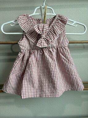 SHEIN Pink and White Gingham Ruffle Dress with Bow Headband | 6-9 months